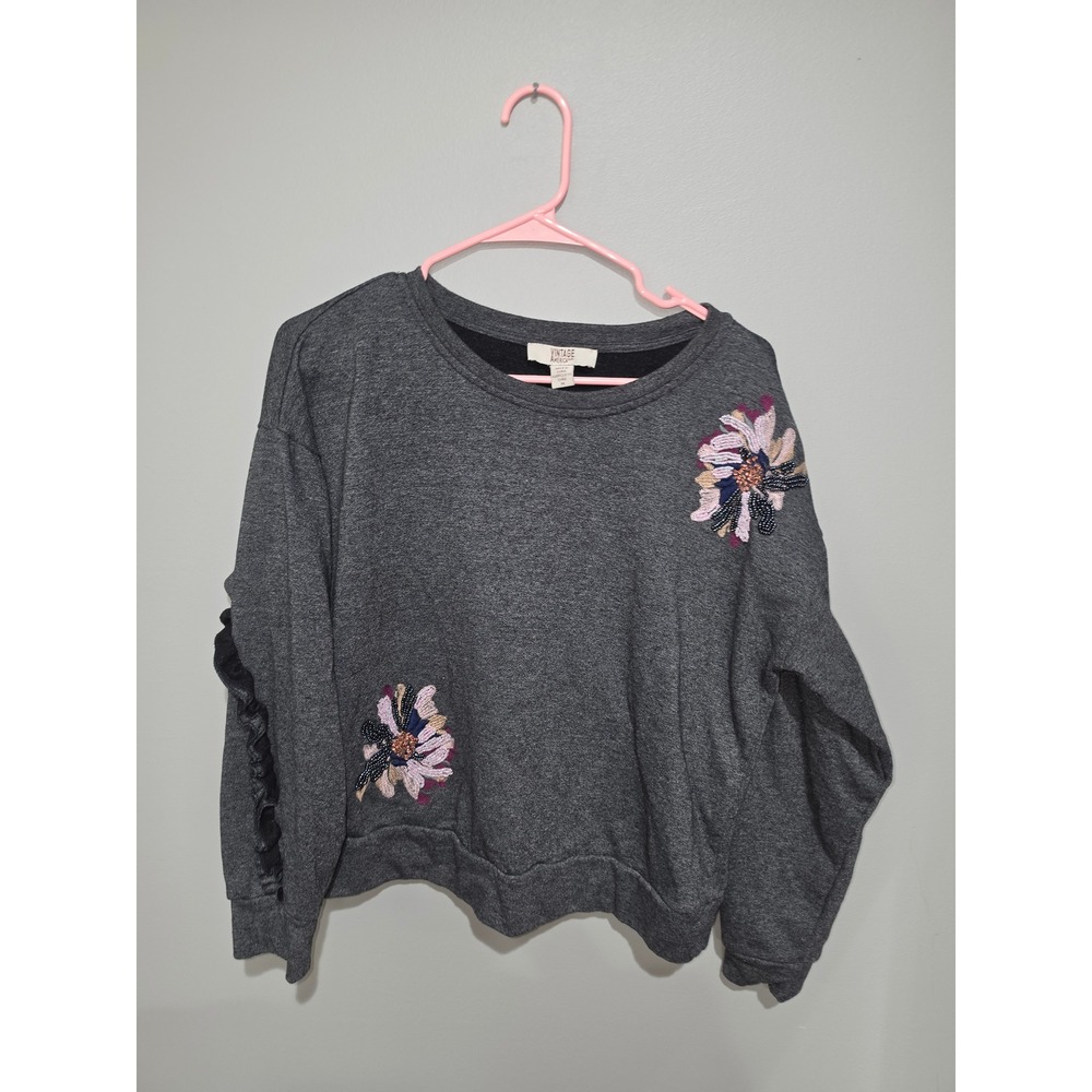 Vintage America Blues Womens Medium Gray Sequin Floral Ruffle Sleeve Sweatshirt
